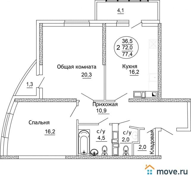 2-комн. квартира, 77.8 м²