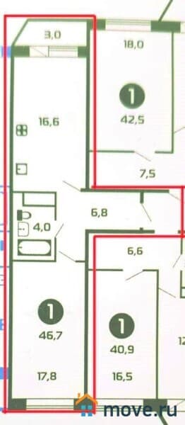 1-комн. квартира, 46.3 м²