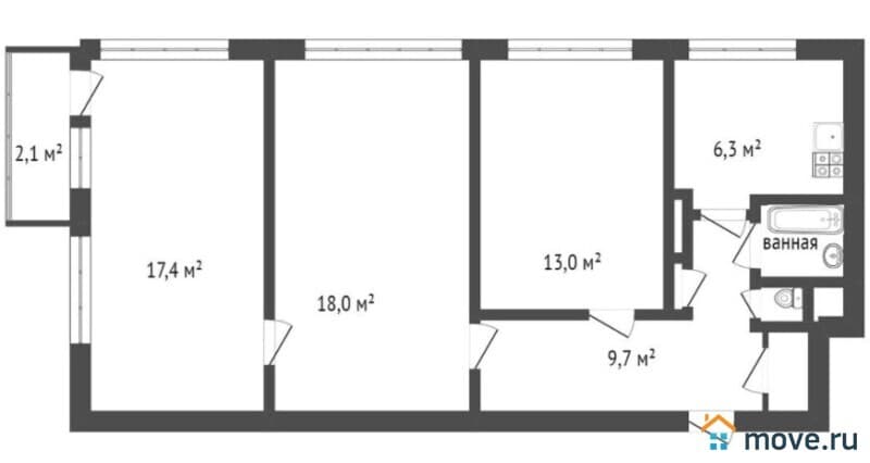 3-комн. квартира, 68 м²