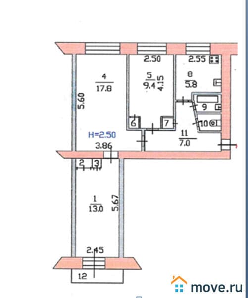 3-комн. квартира, 57.7 м²