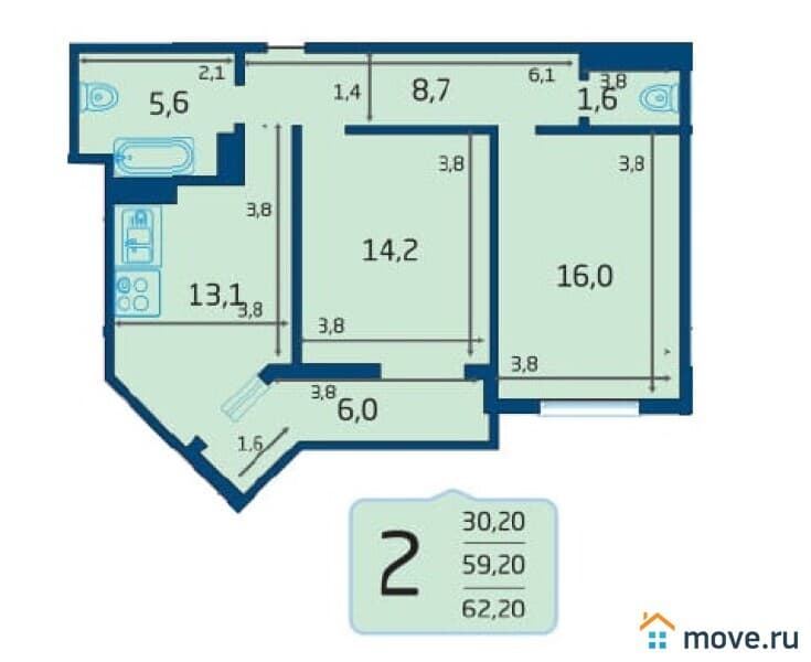 2-комн. квартира, 60 м²