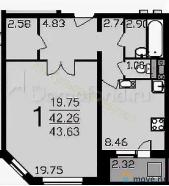 1-комн. квартира, 42.5 м²