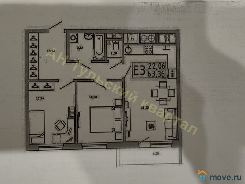 3-комн. квартира, 59.3 м²