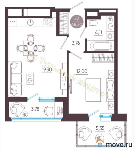 1-комн. квартира, 39.1 м²