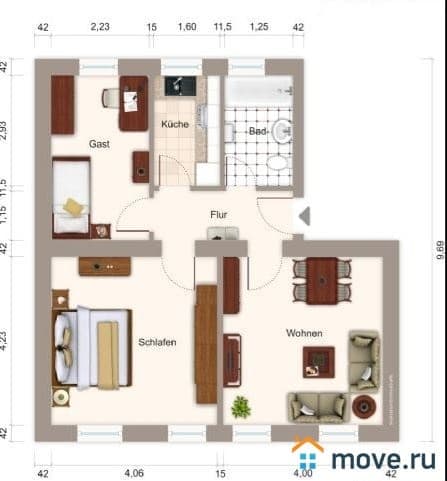 3-комн. квартира, 60 м²