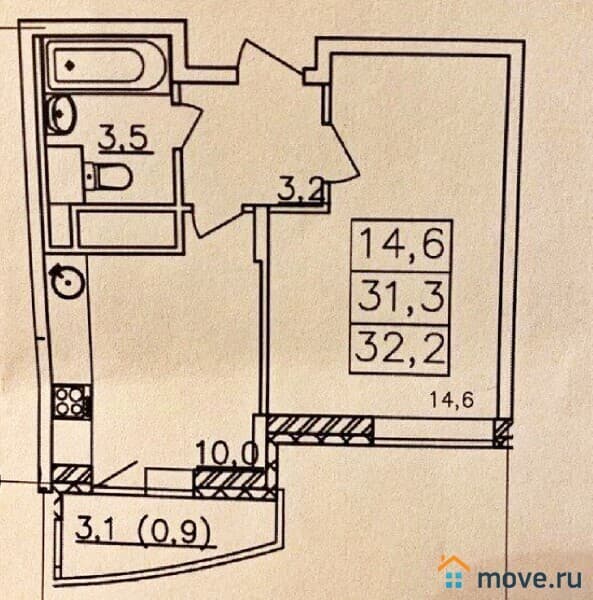 1-комн. квартира, 31.3 м²