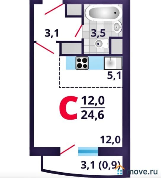 1-комн. квартира, 23.8 м²