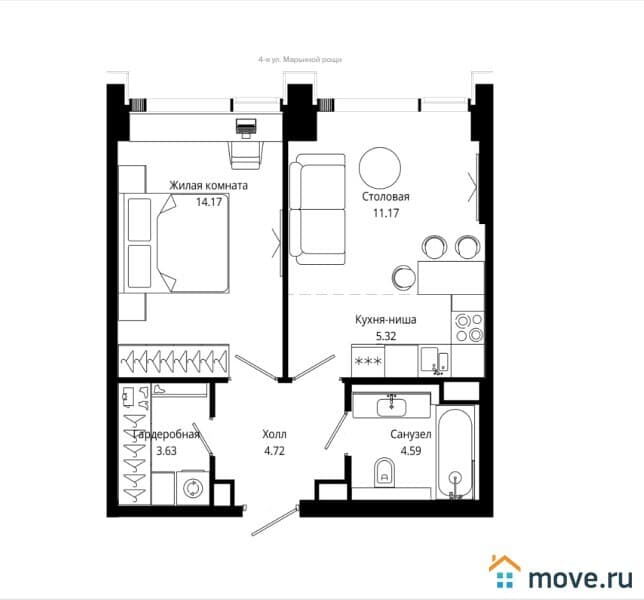 2-комн. квартира, 43.3 м²