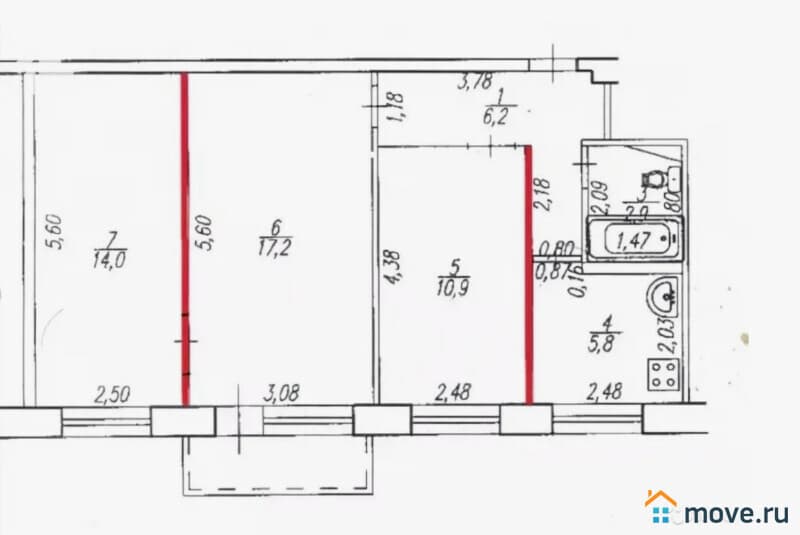 3-комн. квартира, 56.8 м²