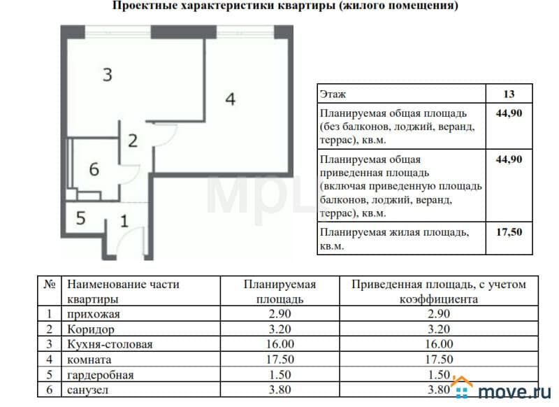 1-комн. квартира, 44.9 м²