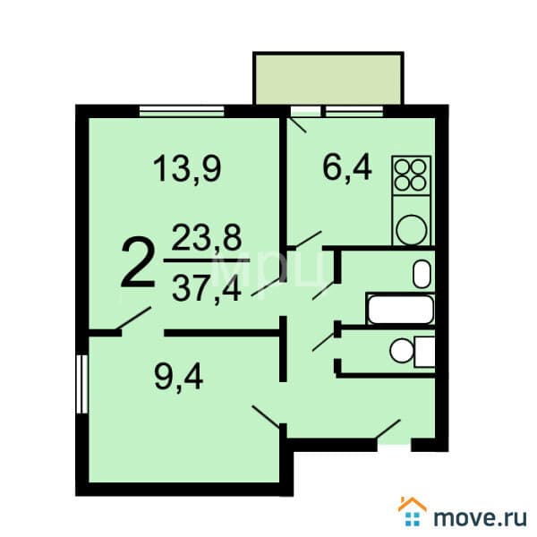 2-комн. квартира, 37.5 м²