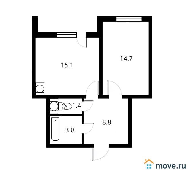 1-комн. квартира, 43.8 м²