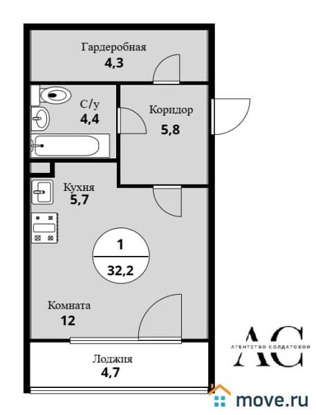 студия, 32.2 м²