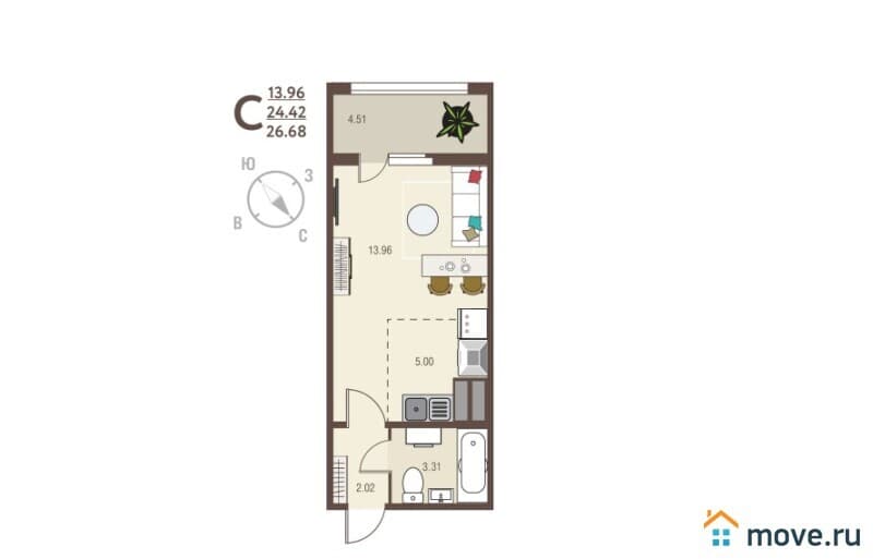 1-комн. квартира, 26.7 м²