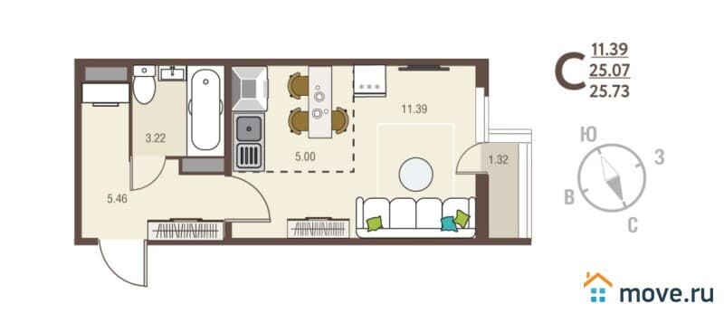 1-комн. квартира, 25.7 м²