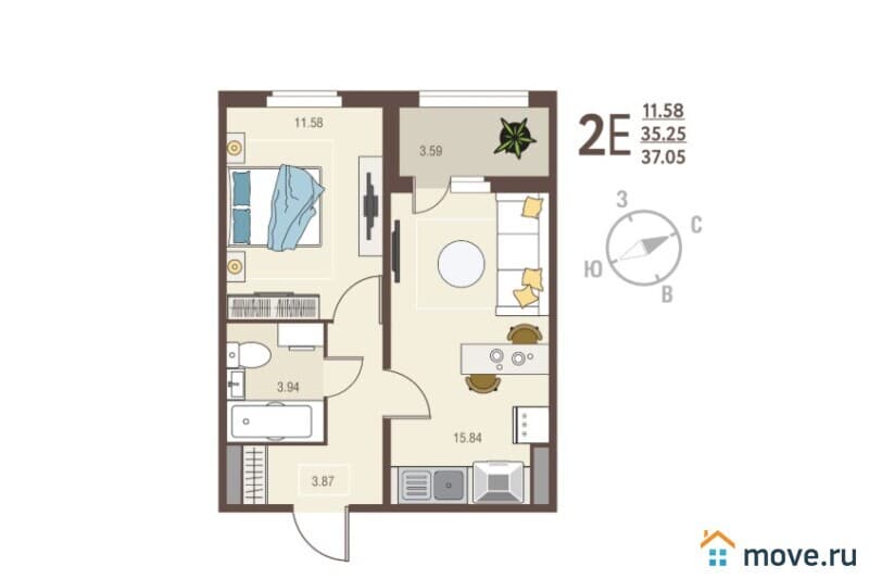 1-комн. квартира, 37.1 м²
