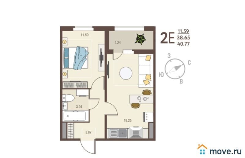 1-комн. квартира, 40.8 м²