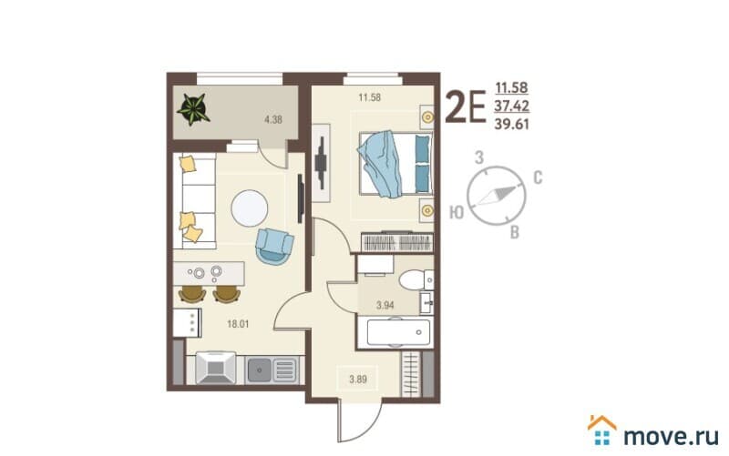 1-комн. квартира, 39.6 м²