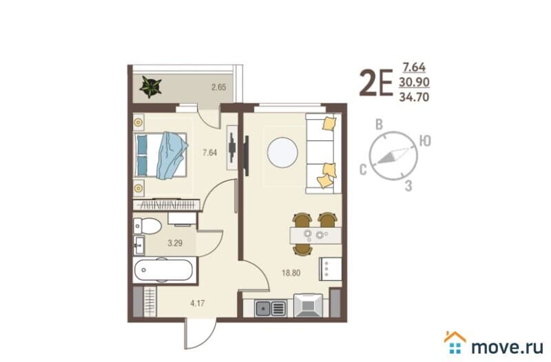 1-комн. квартира, 34.7 м²