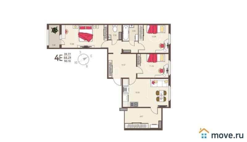3-комн. квартира, 90.1 м²