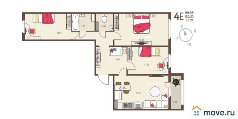 3-комн. квартира, 85.2 м²