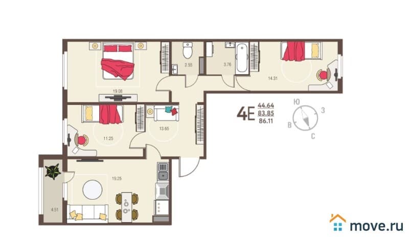 3-комн. квартира, 86.1 м²