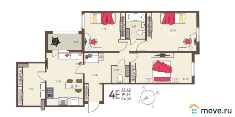 3-комн. квартира, 94.1 м²