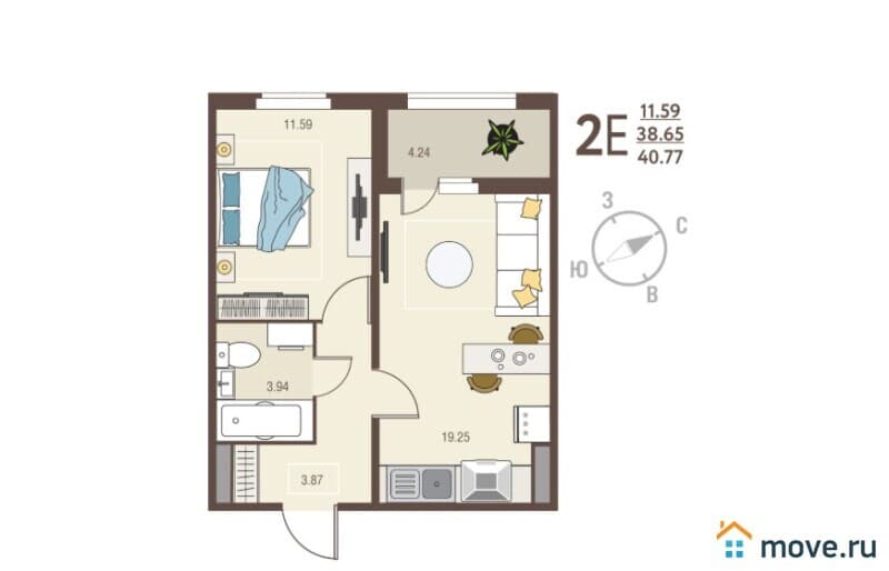1-комн. квартира, 40.8 м²