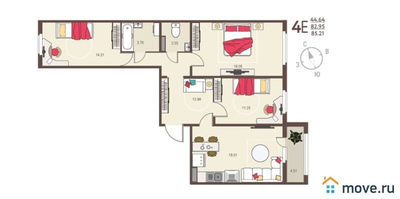 3-комн. квартира, 85.2 м²