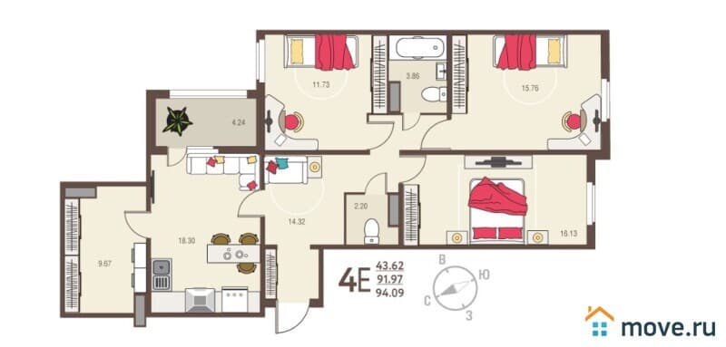 3-комн. квартира, 94.1 м²