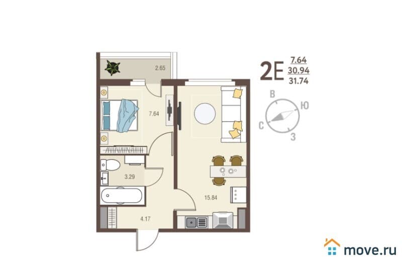 1-комн. квартира, 31.7 м²