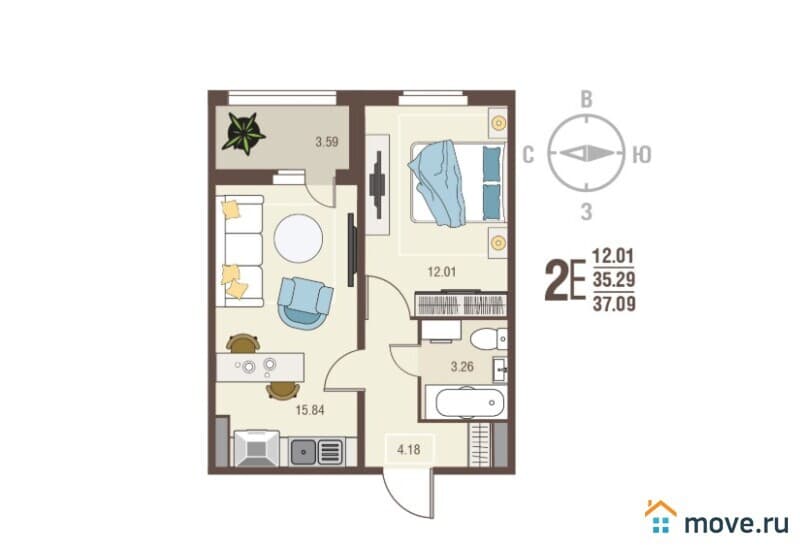 1-комн. квартира, 37.1 м²