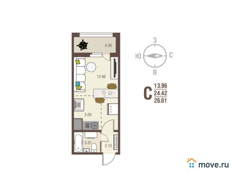 студия, 26.6 м²