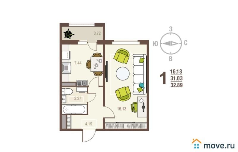 1-комн. квартира, 32.9 м²