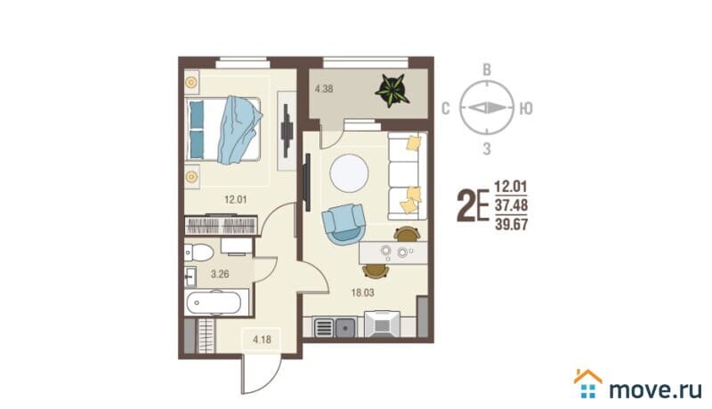 1-комн. квартира, 39.7 м²