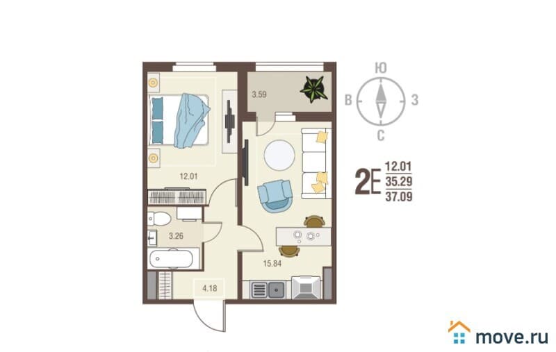 1-комн. квартира, 37.1 м²