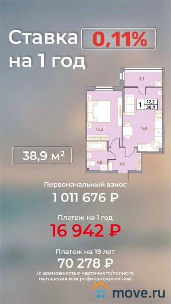 1-комн. квартира, 38.9 м&sup2;