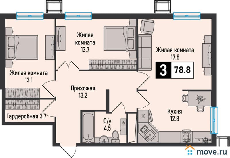 3-комн. квартира, 78.8 м&sup2;