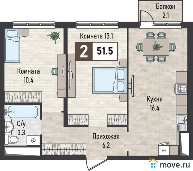 2-комн. квартира, 51.1 м&sup2;