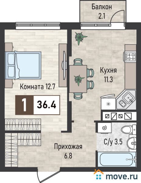 1-комн. квартира, 36.4 м&sup2;