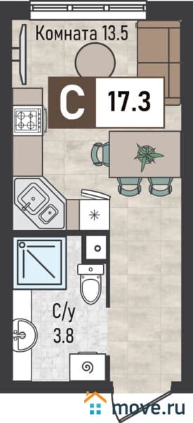 1-комн. квартира, 17.3 м&sup2;