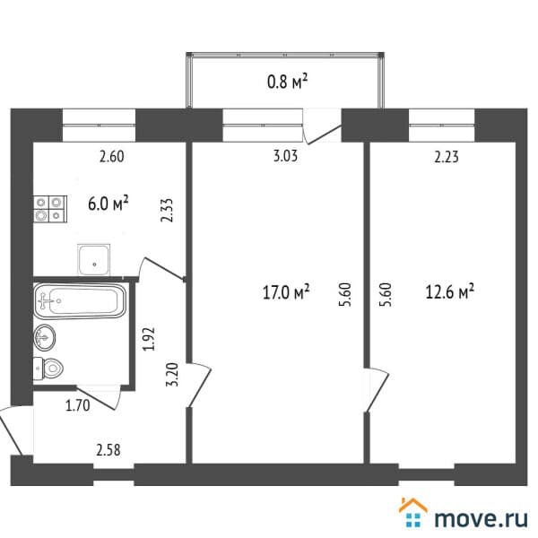 2-комн. квартира, 43.8 м²