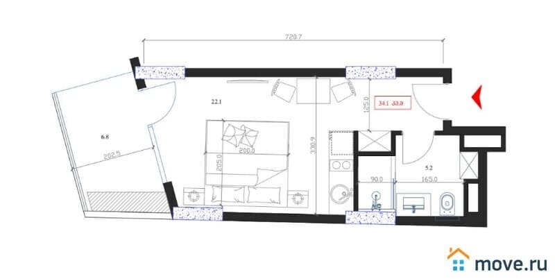 1-комн. апартаменты, 34.1 м²