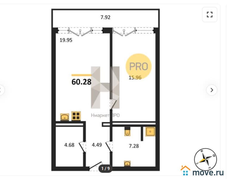 2-комн. апартаменты, 60.2 м²