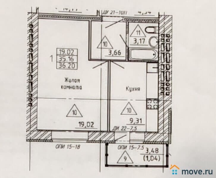 1-комн. квартира, 35.2 м²