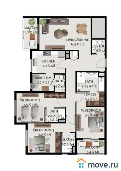 4-комн. апартаменты, 156 м²