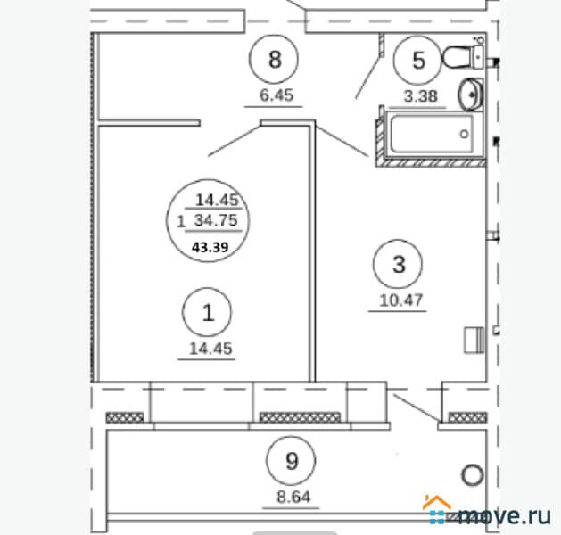 1-комн. квартира, 43.4 м²