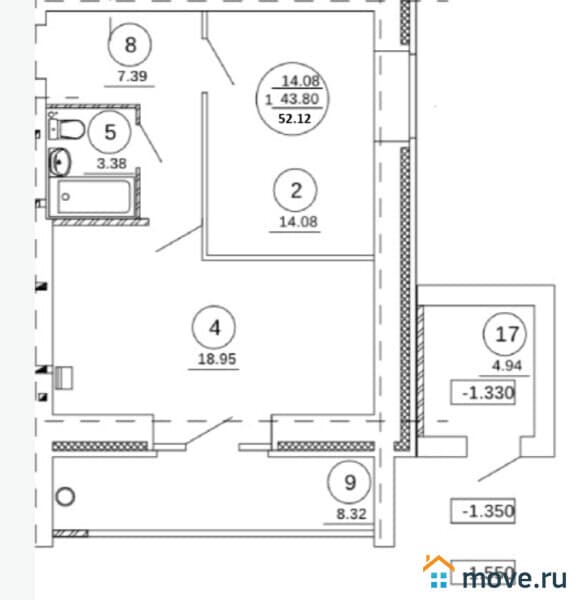 1-комн. квартира, 52.2 м²