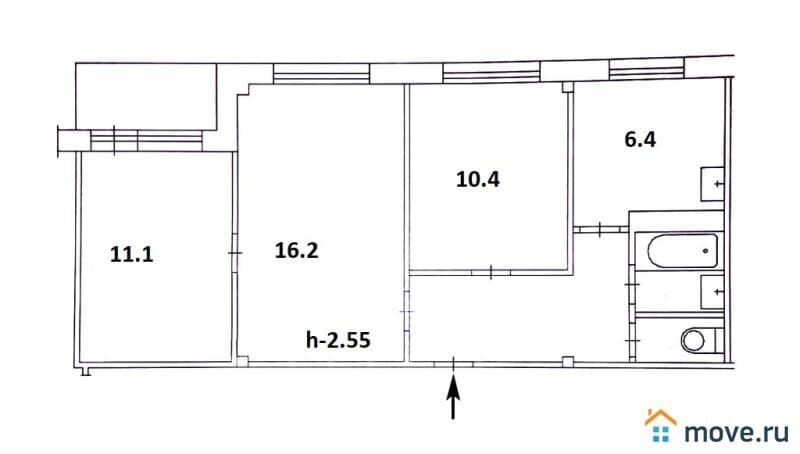 3-комн. квартира, 54.4 м²