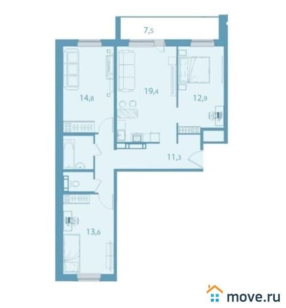 2-комн. квартира, 62.2 м²